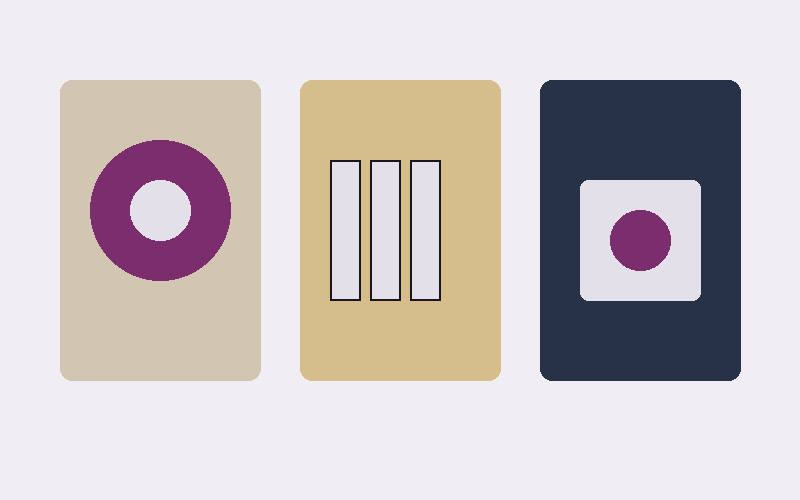 Three flat illustrated game panels: a brass wheel, five reels, and a scratch card